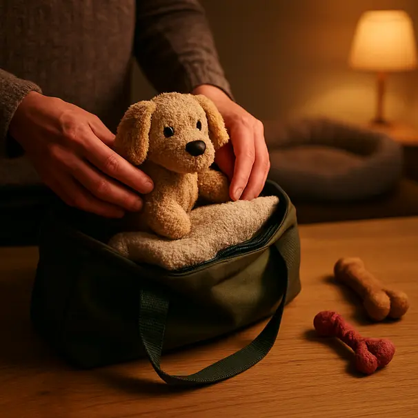 Owner packing a dog bag indoors with a blanket and toy on a wooden table under warm lamp light, dog bed visible in background