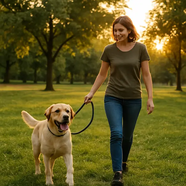Pet carer walking a happy Labrador on a leash through a park at golden hour, trees and grass visible, motion capture