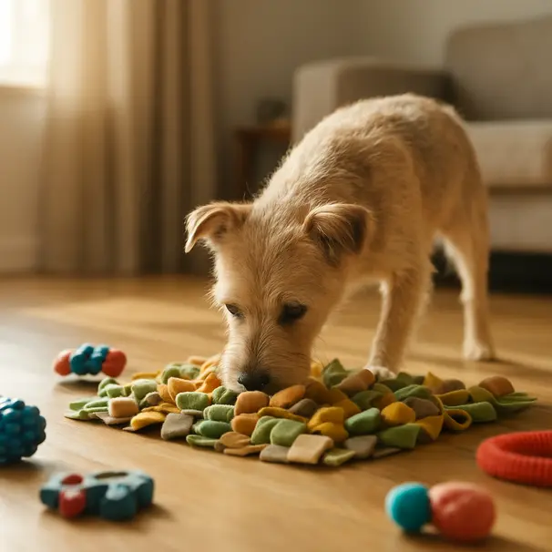 Small terrier using a snuffle mat and puzzle toys on a wooden floor in a cozy indoor setting, morning light