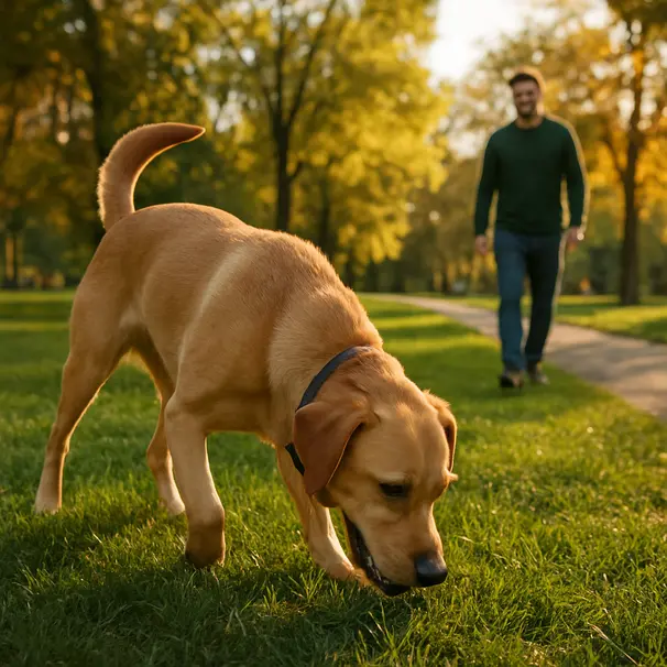 Labrador mix sniffing grass in a city park while owner walks in background, late afternoon light