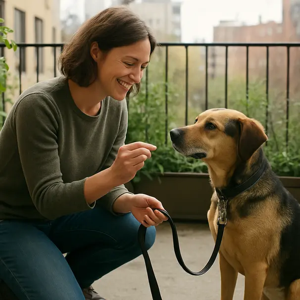 Female pet sitter kneeling next to a calm mixed-breed dog on a balcony, offering a treat and gentle touch