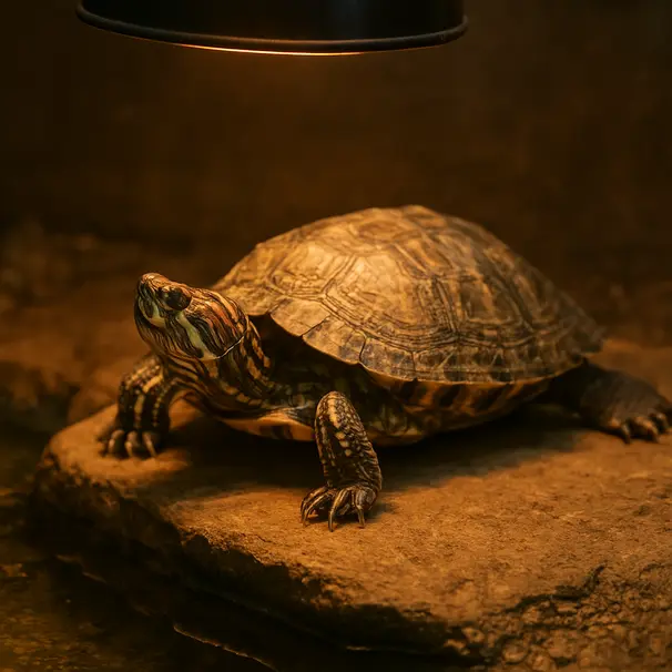 Close-up of a turtle basking on a dry platform under a UV lamp in a terrarium, showing shell and lamp glow