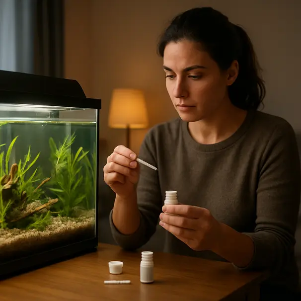 Pet carer performing water test next to an aquarium with test strips and bottles on a table in a living room
