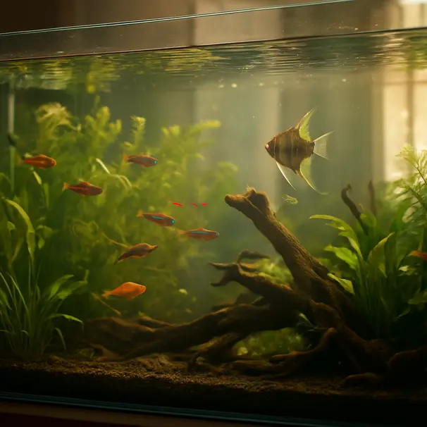 Wide-angle indoor aquarium scene with colorful fish, live plants, driftwood, and sunlight coming through a window