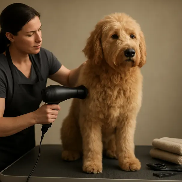 Groomer using a low-heat hairdryer and brush to dry a large fluffy dog on a grooming table, towels and tools nearby