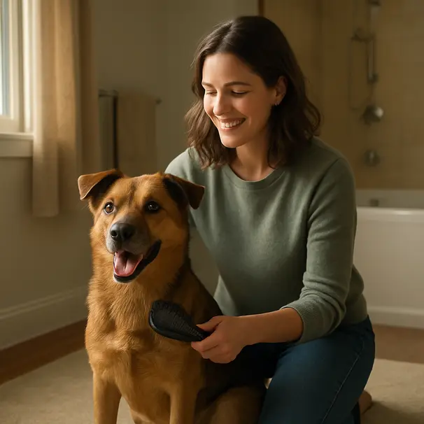 Owner brushing a medium-sized mixed-breed dog indoors before a bath, brush in hand, warm window light, bathroom in background