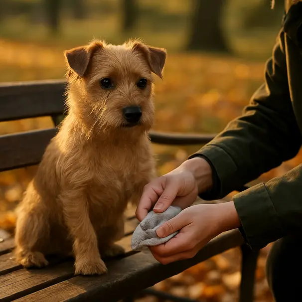 Small terrier on a park bench while a pet carer cleans its paws with a cloth, golden late afternoon light, autumn leaves