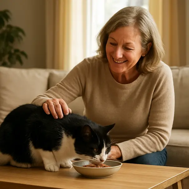 Older black-and-white cat sniffing warmed wet food in a living room with a pet carer nearby