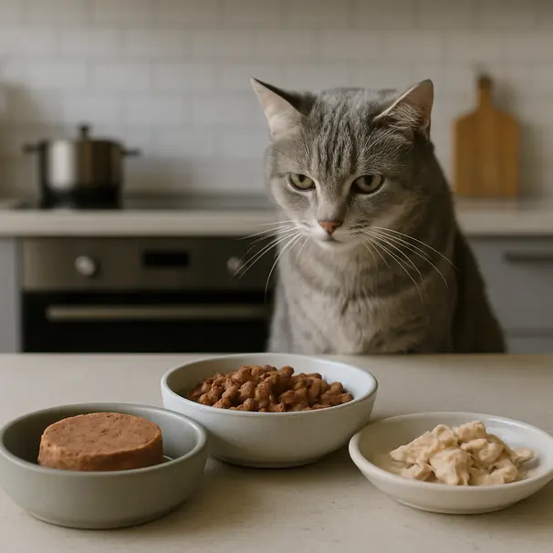 Kitchen counter with bowls of canned pâté, softened kibble and cooked chicken, senior silver cat watching in background