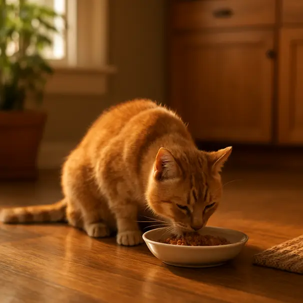 Senior ginger cat eating wet food from a shallow bowl in a sunlit kitchen, rug and plant in background