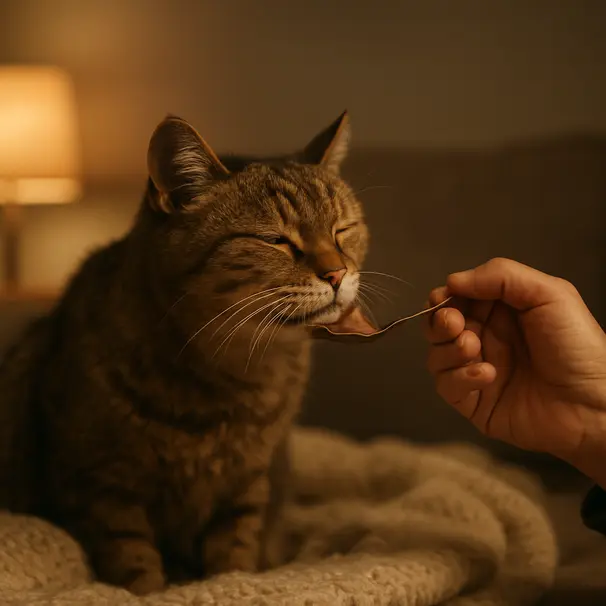 Senior tabby cat on a couch being hand-fed a spoonful of wet food by a pet carer under soft lamp light