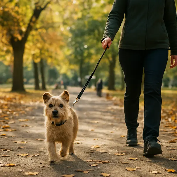 A small terrier on a leash being walked by a pet carer along a leafy park path, sunlight filtering through trees, other people and dogs in background