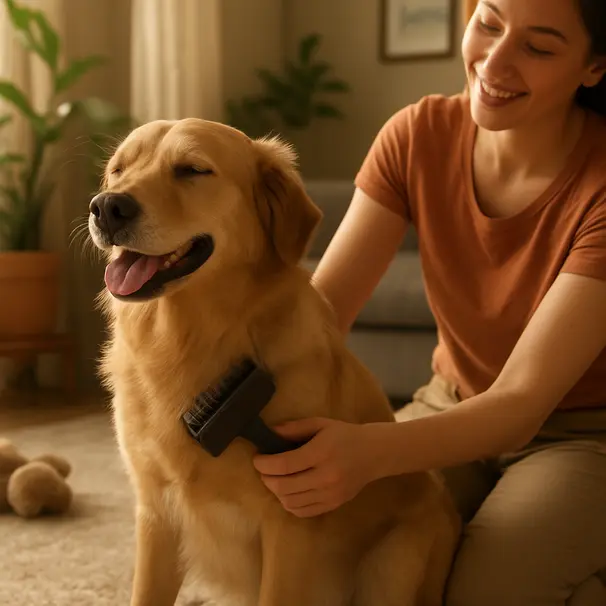 A golden retriever mix being brushed by a pet carer in a sunlit living room, hands combing fur, relaxed dog on a rug