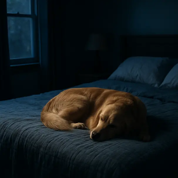 Golden retriever curled up at the foot of a bed in moonlight, peaceful bedroom interior at night