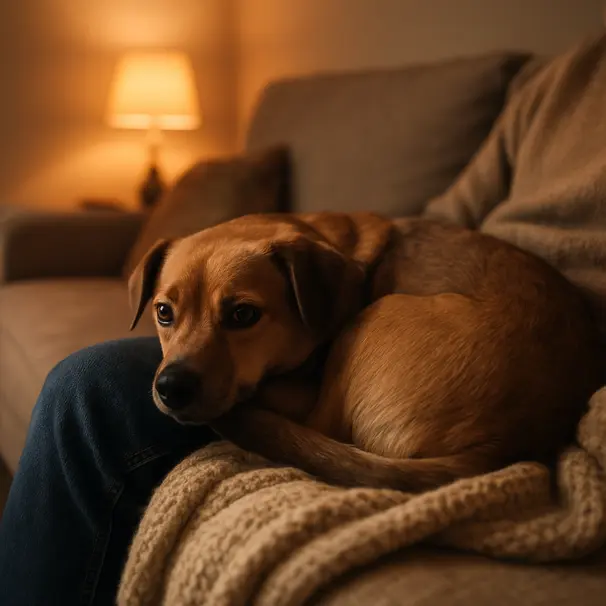 Small brown mixed-breed dog curled up against owner's legs on a cozy couch under warm lamp light, indoor living room scene