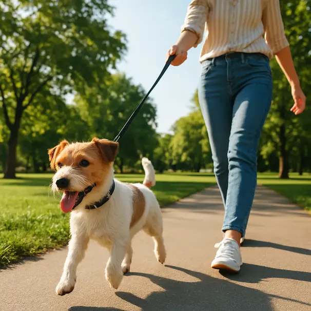 Terrier walking on a leash with owner in a sunny park, grassy path and trees, daytime exercise before fireworks evening
