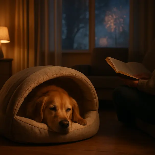 Golden retriever inside a covered bed in a dim living room, person nearby, curtains closed, suggesting protection from fireworks