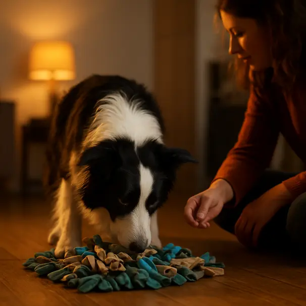 Border collie using a snuffle mat on the floor while a pet sitter offers a treat, indoor cozy evening scene
