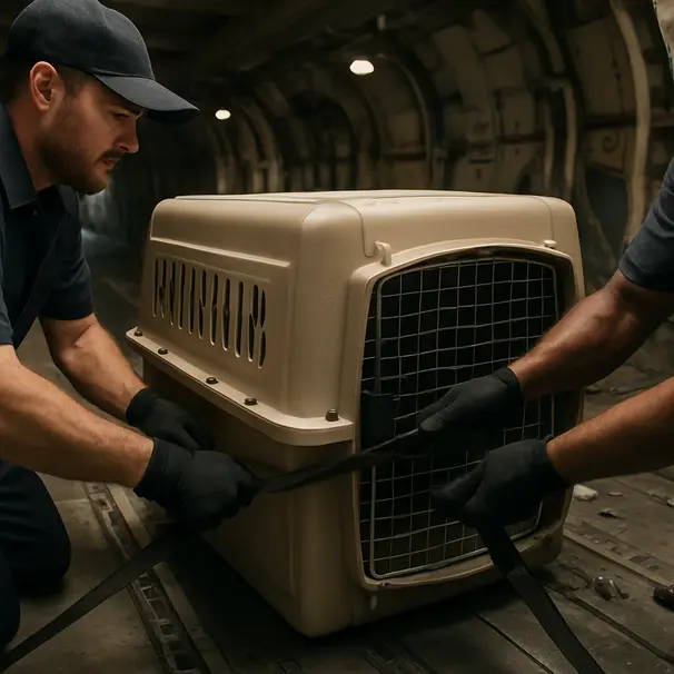 Hard-shell pet crate secured in an airplane cargo hold with handlers preparing it for flight