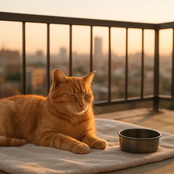 Cat resting on a blanket on a balcony at the destination, travel bowl nearby, warm late afternoon light