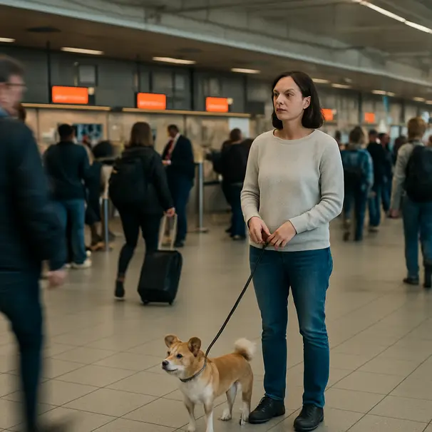 Pet carer and small dog at an airport check-in counter, luggage and staff visible, airport environment