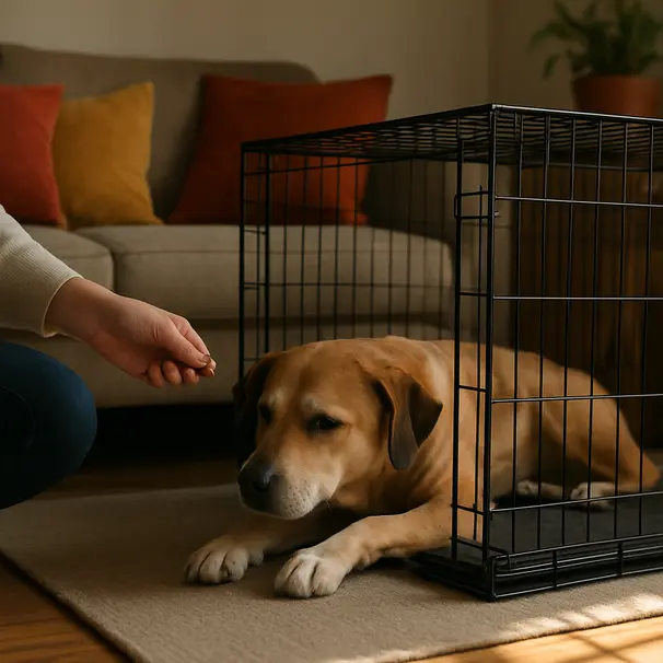 Dog resting in a home crate with owner nearby, living room environment, training for travel