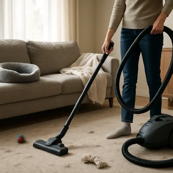 Person vacuuming living room with cat bed and pet toys, showing cleaning environment to reduce pet hair