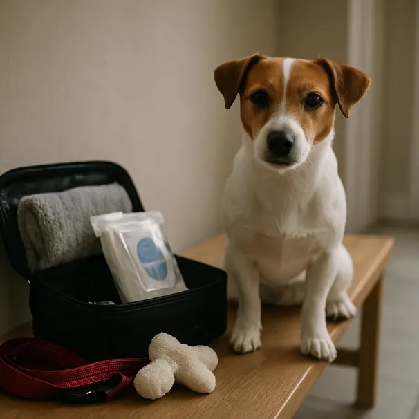 Travel kit on bench with leash, towel, wipes and small dog waiting, illustrating preparedness for pet travel