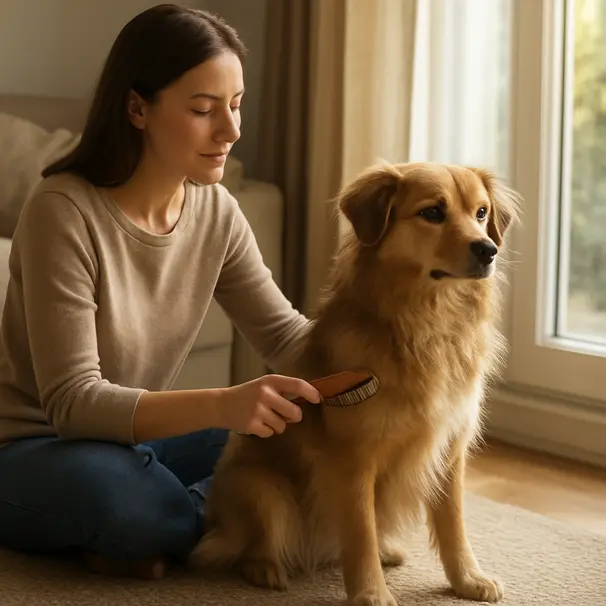 Owner brushing a medium-haired dog indoors near a sunny window, showing grooming and relaxed pet