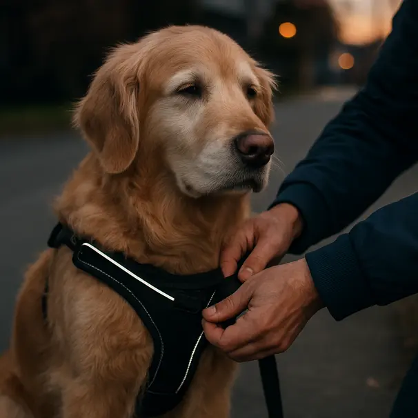 Older golden retriever standing on pavement as a carer adjusts a padded front-clip harness, reflective trim visible, evening light, relaxed dog.