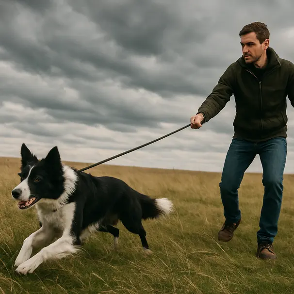 Handler holding a long line as a border collie runs in a large grassy field, dynamic motion, overcast sky, focused dog.
