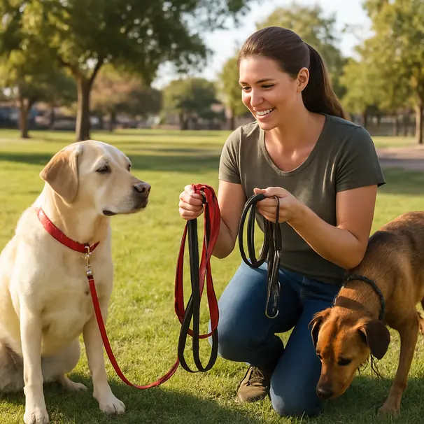 Dog trainer kneeling in a sunny park showing a young owner different leads while a sitting dog wears a flat nylon lead and another dog sniffs nearby.