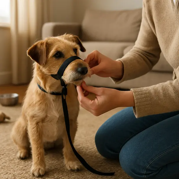 Small terrier in a cozy living room being gently introduced to a padded headcollar by a carer offering treats, warm window light and homey surroundings.