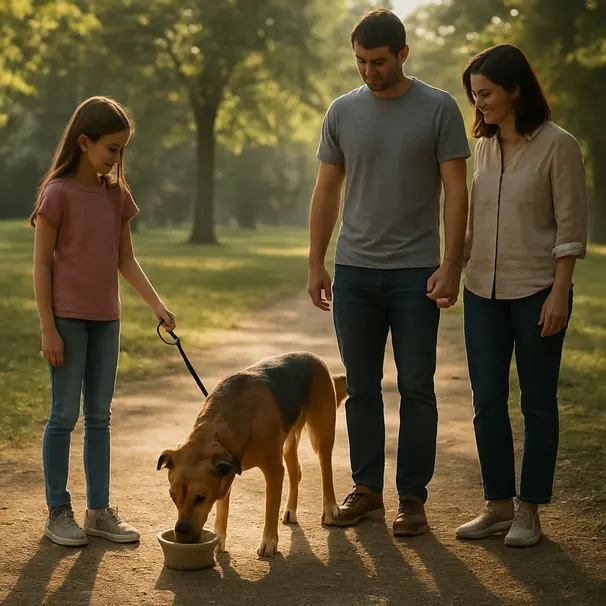 Medium shot of a mixed-breed dog drinking from a portable bowl in the shade of a park, owner holding the bowl, morning light filtering through trees