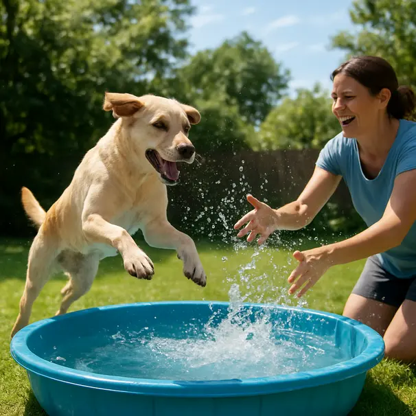 Labrador mid-jump into a paddling pool in a backyard while a pet carer splashes water, capturing motion and joyful expression