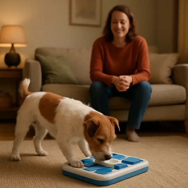Small terrier interacting with a puzzle feeder on a rug in a living room, owner nearby smiling, calm indoor scene
