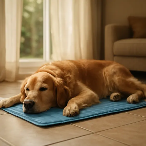 Golden retriever lying on a cooling gel mat indoors on a tiled floor near a sunlit window, looking calm and comfortable