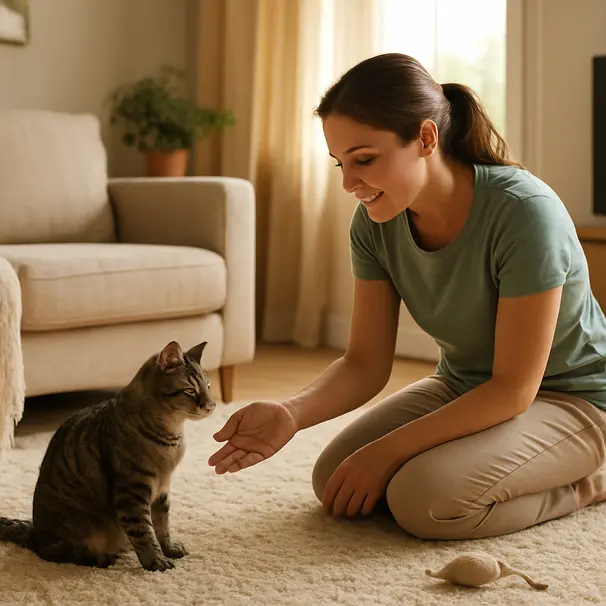 Pet carer quietly greeting a tabby cat in a sunlit living room, with a rug, blanket and toy visible