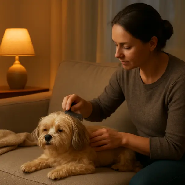 Pet carer gently grooming a small dog on a couch in the evening, warm lamp light and a blanket visible