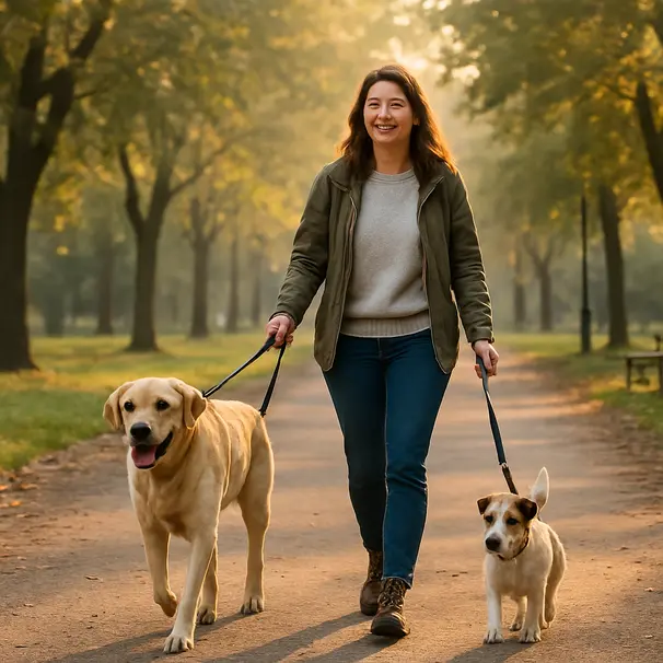 Pet carer walking a Labrador and a terrier on a tree-lined park path in the morning, loose leashes, calm dogs