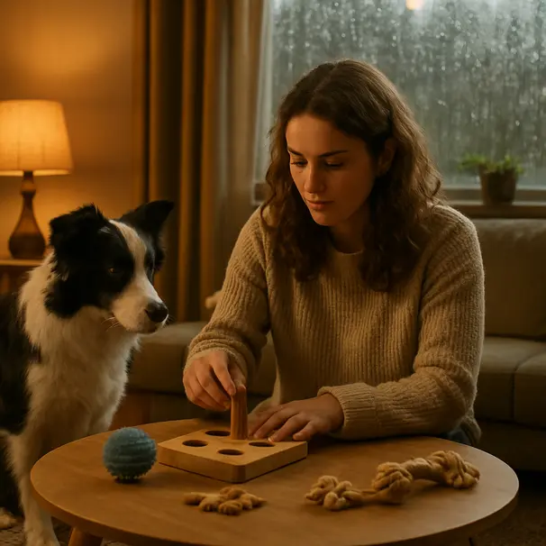 Pet carer preparing a scent puzzle for a border collie inside a cosy living room while rain falls outside the window