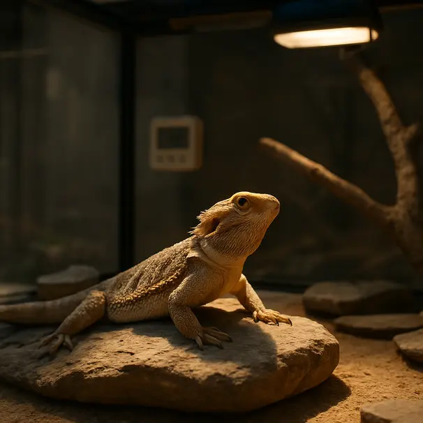 Bearded dragon lying on a basking rock inside a glass terrarium with branches, UVB lamp and warm sunlight illuminating the setup.