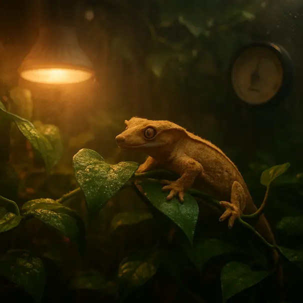 Crested gecko clinging to a vine in a humid tropical vivarium with misted leaves, a ceramic heat emitter and hygrometer visible.