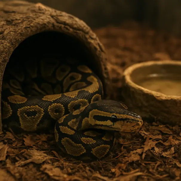 Ball python tucked into a ground hide surrounded by naturalistic substrate, leaf litter and a shallow water dish in a terrarium.