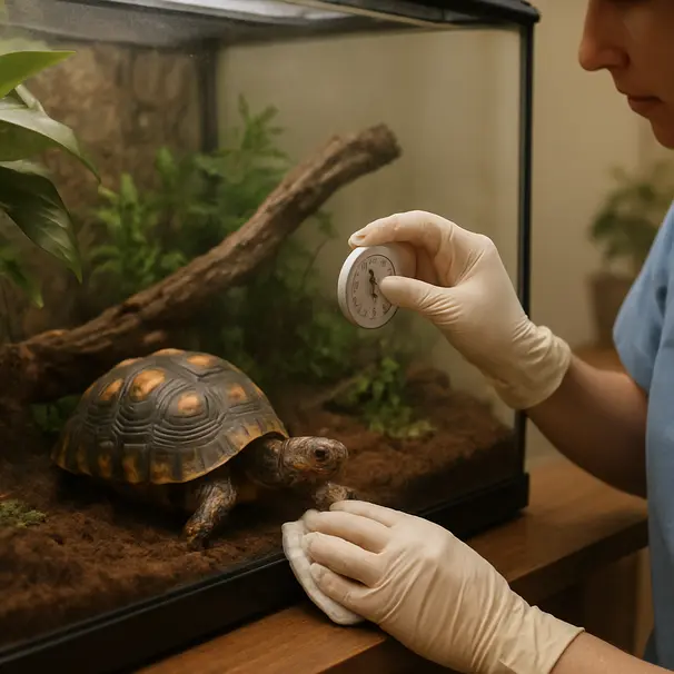 Pet carer cleaning terrarium glass while a red-footed tortoise explores inside; thermometer and cleaning tools visible.