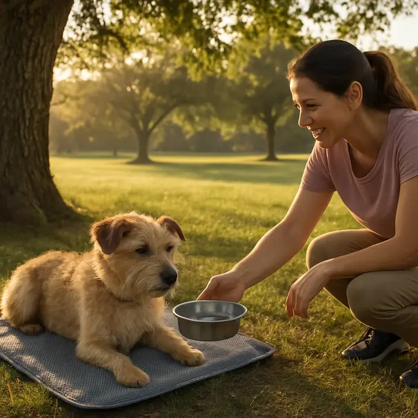 Small terrier resting on a breathable mesh cooling mat under shade in a park with a pet carer offering a water bowl.