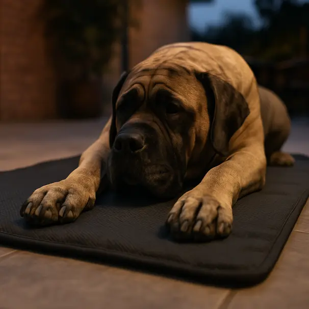 Large mastiff lying on a chew-resistant cooling mat on a tiled patio at dusk, close-up view of paws and mat texture.