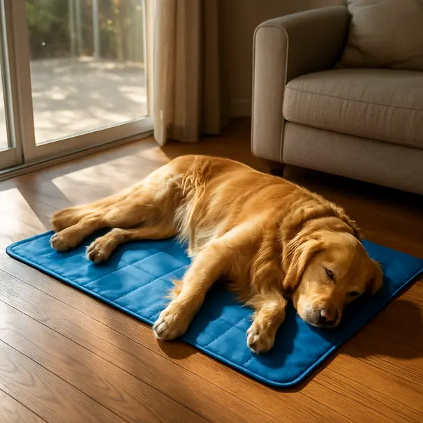 Golden retriever lying on a blue gel cooling mat indoors on wooden floor near sliding door, relaxed and comfortable.