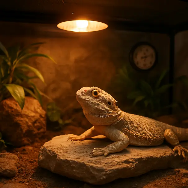 Bearded dragon basking on a rock inside a well-equipped indoor terrarium with visible thermometer and secured lid