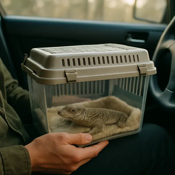 Ventilated transport box with cozy padding on a car seat during a daytime trip, owner holding it gently